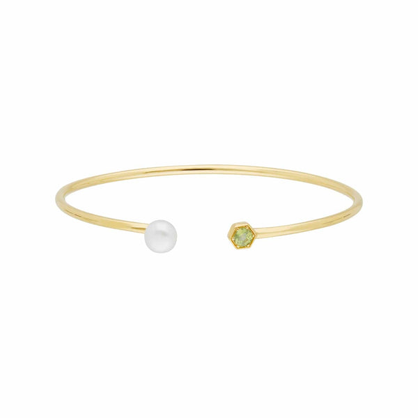 gemondo Geometric Pearl & Peridot Open Bangle in Gold Plated Silver