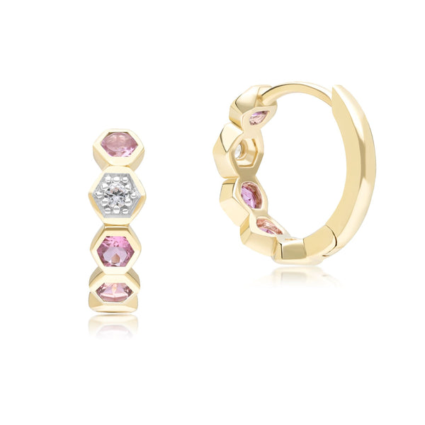 Gemondo Geometric Round Pink Tourmaline And Sapphire Hoop Earrings In 9ct Yellow Gold