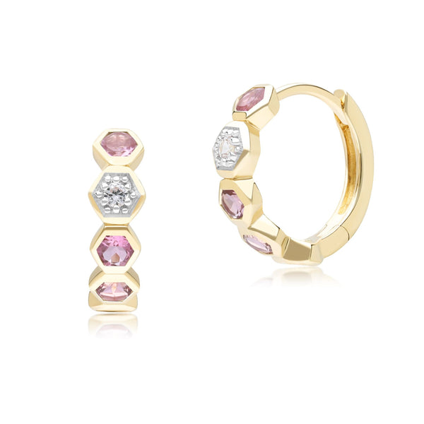 gemondo Geometric Round Pink Tourmaline and Sapphire Hoop Earrings in 9ct Yellow Gold