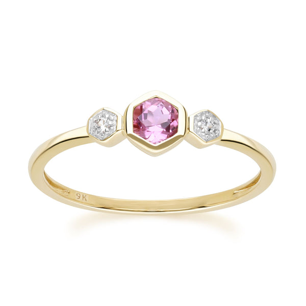gemondo Geometric Round Pink Tourmaline and Sapphire Ring in 9ct Yellow Gold