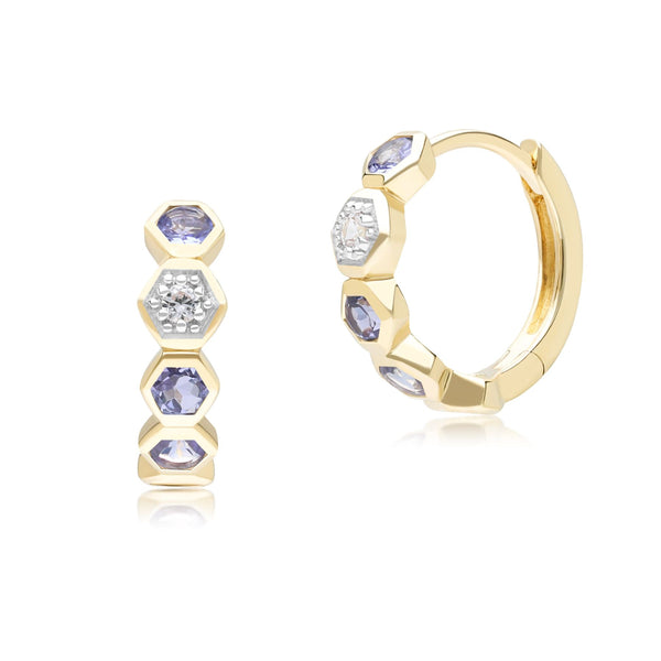 gemondo Geometric Round Tanzanite and Sapphire Hoop Earrings in 9ct Yellow Gold