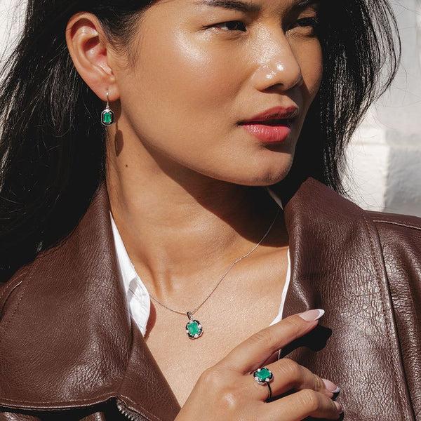 Gemondo Grand Deco Black Enamel Green Chalcedony & Topaz Drop Earrings In Sterling Silver