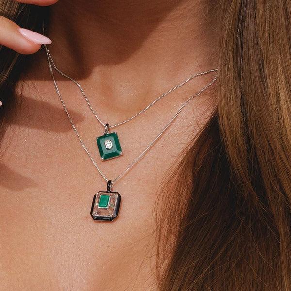 Gemondo Grand Deco Black Enamel Green Chalcedony & Topaz Pendant In Sterling Silver