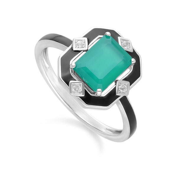 Gemondo Grand Deco Black Enamel Green Chalcedony & Topaz Ring In Sterling Silver
