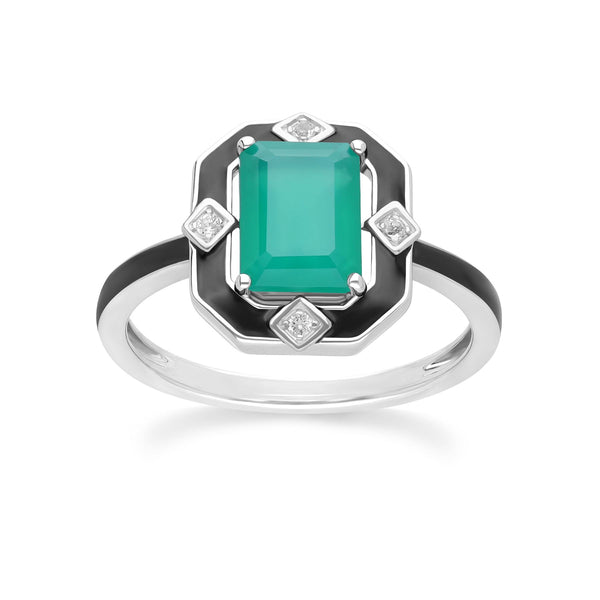 gemondo Grand Deco Black Enamel Green Chalcedony & Topaz Ring in Sterling Silver