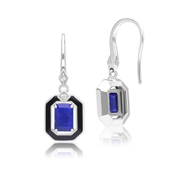 Gemondo Grand Deco Black Enamel Lapis Lazuli & Topaz Drop Earrings In Sterling Silver
