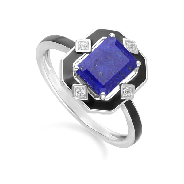Gemondo Grand Deco Black Enamel Lapis Lazuli & Topaz Ring In Sterling Silver