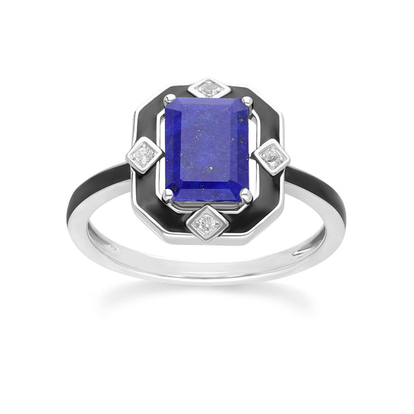 gemondo Grand Deco Black Enamel Lapis Lazuli & Topaz Ring in Sterling Silver