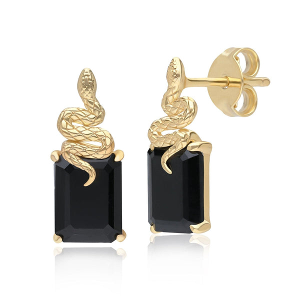 gemondo Grand Deco Black Onyx Snake Stud Earrings in Gold Plated Sterling Silver