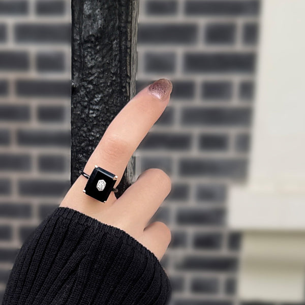 Gemondo Grand Deco Black Onyx & Topaz Statement Ring In Sterling Silver