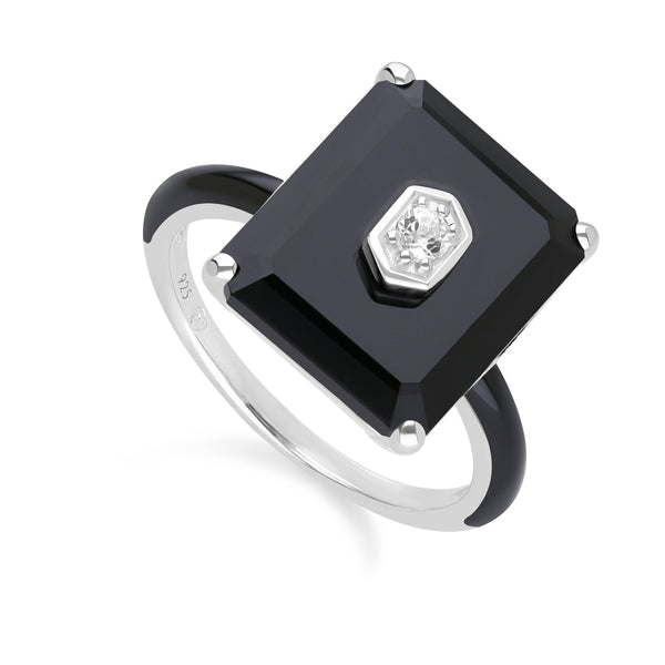 Gemondo Grand Deco Black Onyx & Topaz Statement Ring In Sterling Silver