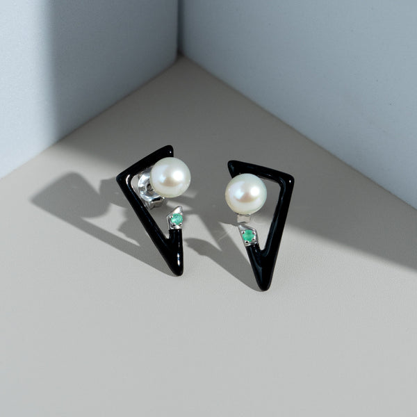 Gemondo Grand Deco Enamel Emerald & Pearl Retro Earrings In Sterling Silver