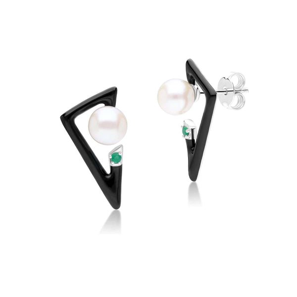 gemondo Grand Deco Enamel Emerald & Pearl Retro Earrings In Sterling Silver