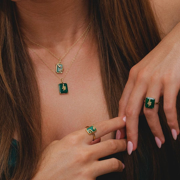 Gemondo Grand Deco Green Chalcedony Snake Ring In Gold Plated Sterling Silver