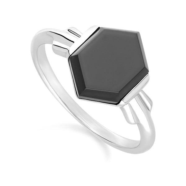 Gemondo Grand Deco Hexagon Black Onyx Ring In Sterling Silver