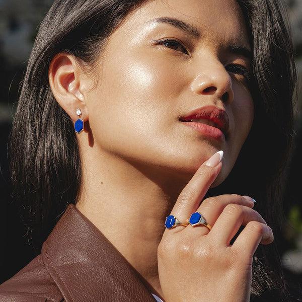 Gemondo Grand Deco Hexagon Lapis Lazuli & Topaz Drop Earrings In Gold Vermeil