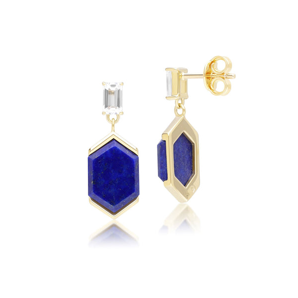 Gemondo Grand Deco Hexagon Lapis Lazuli & Topaz Drop Earrings In Gold Vermeil