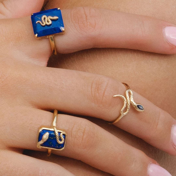 Gemondo Grand Deco Lapis Lazuli Snake Ring In Gold Plated Sterling Silver