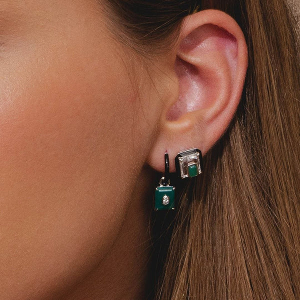 Gemondo Grand Deco Rock Crystal Chalcedony & Black Enamel Stud Earrings In Sterling Silver