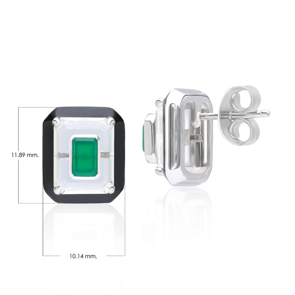 Gemondo Grand Deco Rock Crystal Chalcedony & Black Enamel Stud Earrings In Sterling Silver