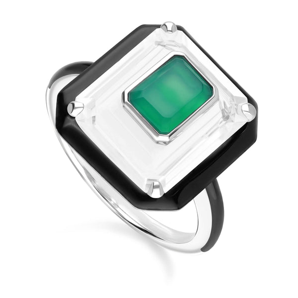 gemondo Grand Deco Rock Crystal Chalcedony & Enamel Statement Ring In Sterling Silver