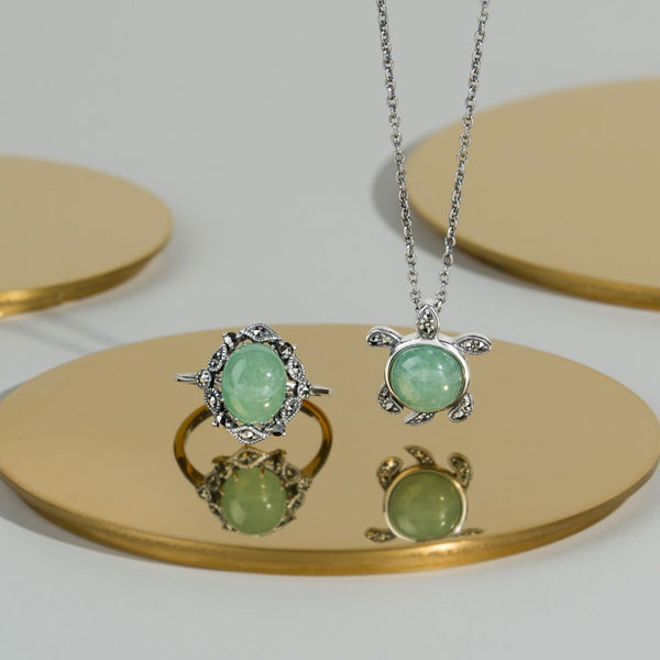 Gemondo Green Jade & Marcasite Turtle Necklace In 925 Sterling Silver