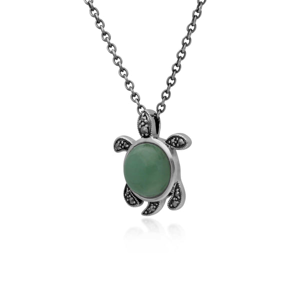 Gemondo Green Jade & Marcasite Turtle Necklace In 925 Sterling Silver