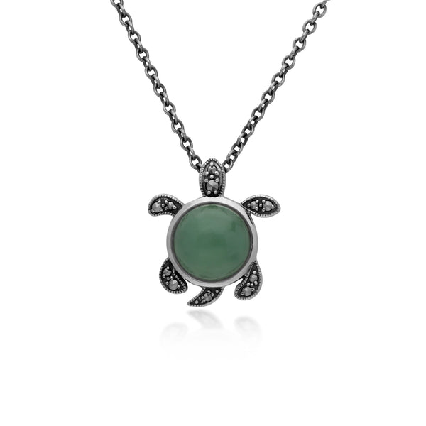 gemondo Green Jade & Marcasite Turtle Necklace in 925 Sterling Silver