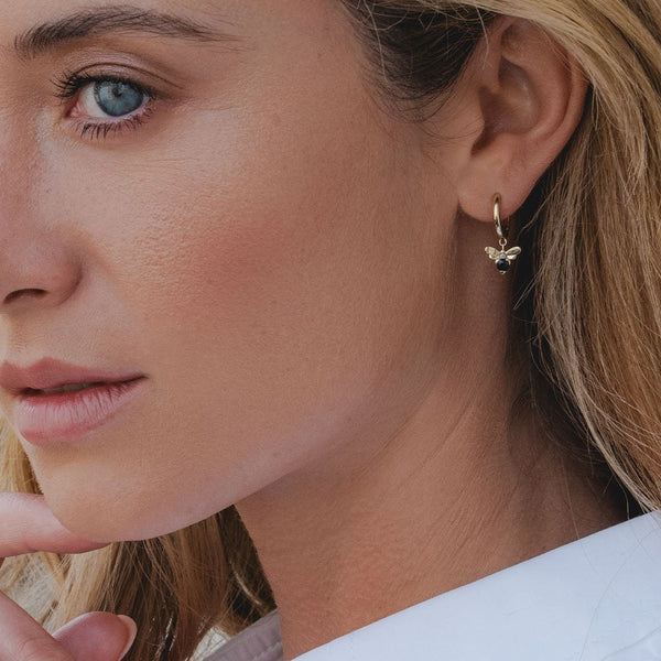 Gemondo Honeycomb Inspired Blue Sapphire And Diamond Bee Hoop Earrings In 9ct Yellow Gold