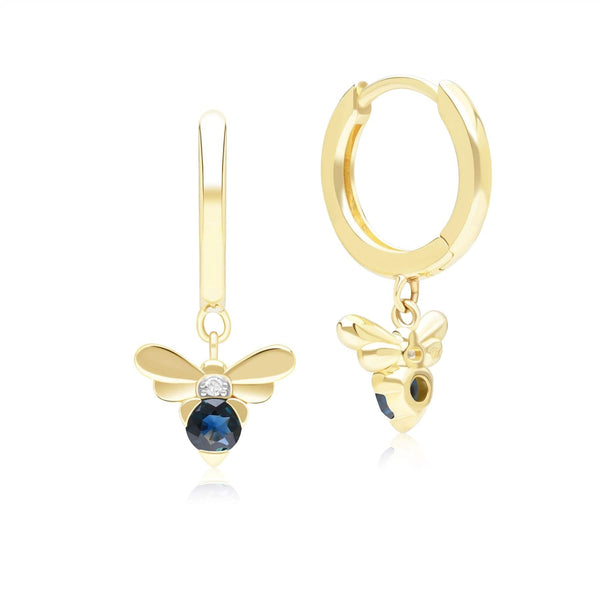 Gemondo Honeycomb Inspired Blue Sapphire And Diamond Bee Hoop Earrings In 9ct Yellow Gold