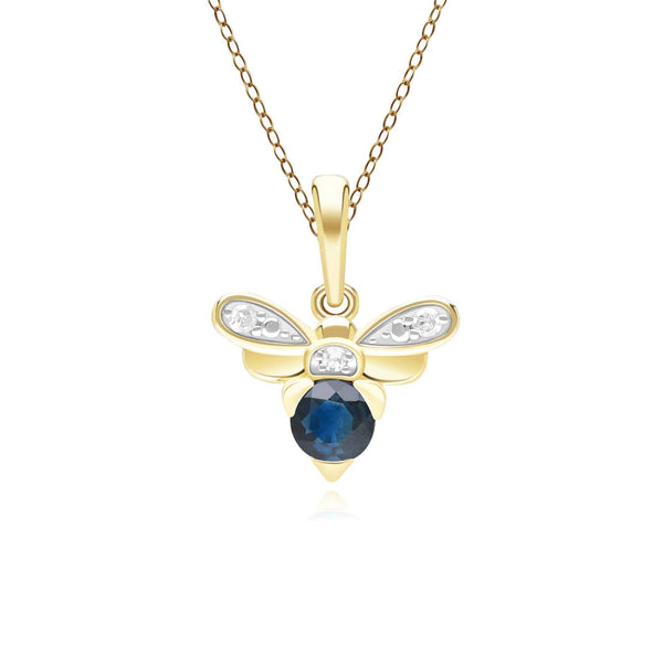gemondo Honeycomb Inspired Blue Sapphire and Diamond Bee Pendant Necklace in 9ct Yellow Gold