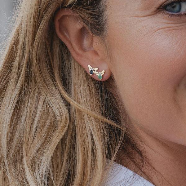 Gemondo Honeycomb Inspired Blue Sapphire And Diamond Bee Stud Earrings In 9ct Yellow Gold