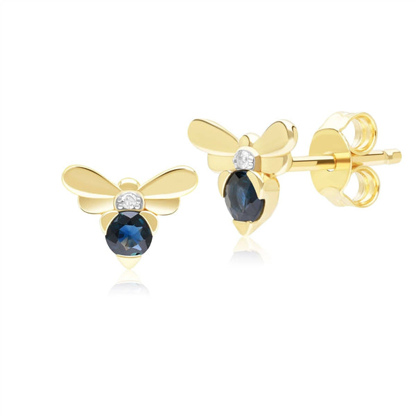 gemondo Honeycomb Inspired Blue Sapphire and Diamond Bee Stud Earrings in 9ct Yellow Gold