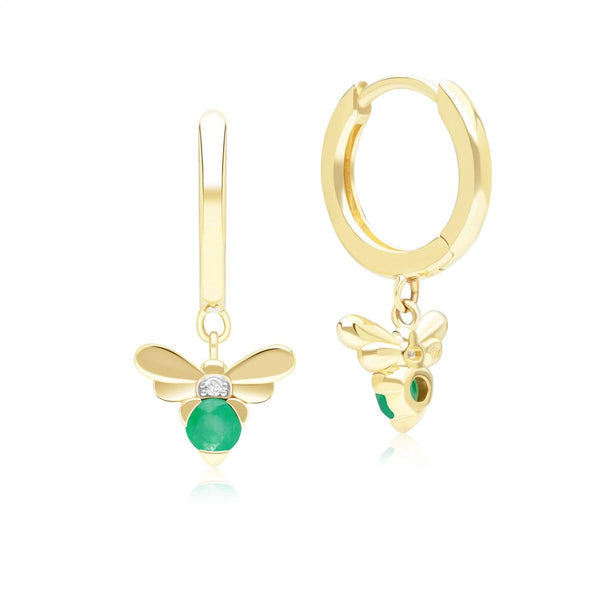 Gemondo Honeycomb Inspired Emerald And Diamond Bee Hoop Earrings In 9ct Yellow Gold