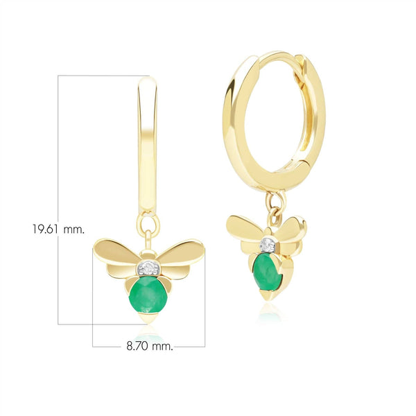 Gemondo Honeycomb Inspired Emerald And Diamond Bee Hoop Earrings In 9ct Yellow Gold