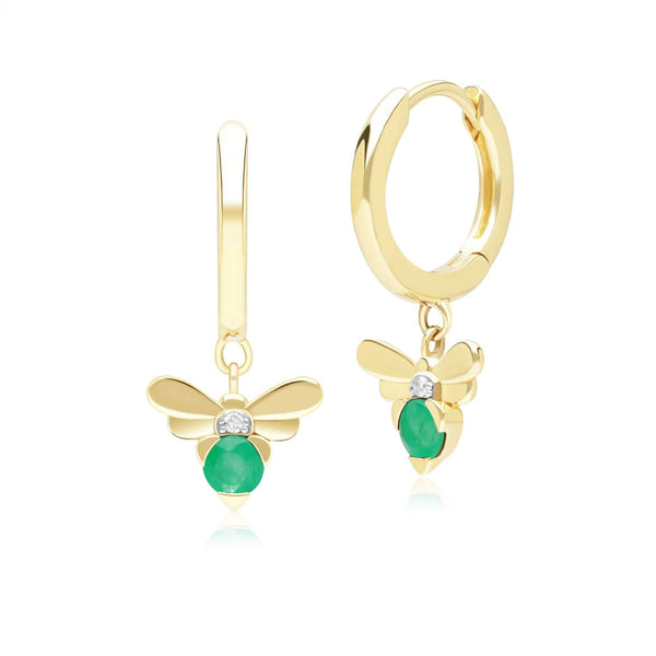 gemondo Honeycomb Inspired Emerald and Diamond Bee Hoop Earrings in 9ct Yellow Gold