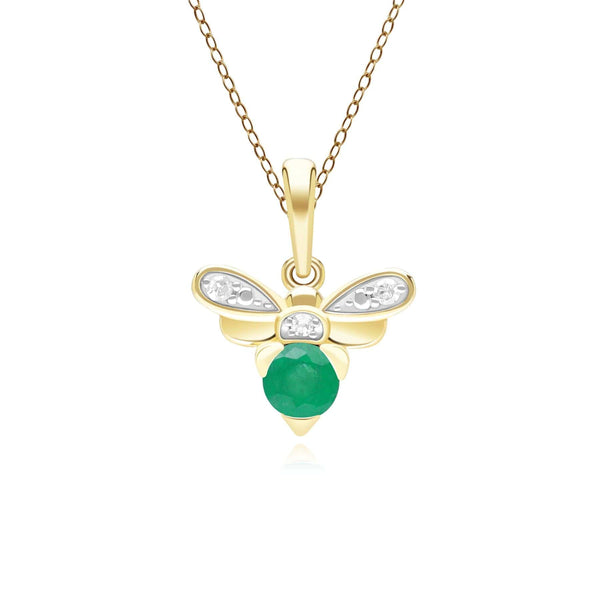 gemondo Honeycomb Inspired Emerald and Diamond Bee Pendant Necklace in 9ct Yellow Gold