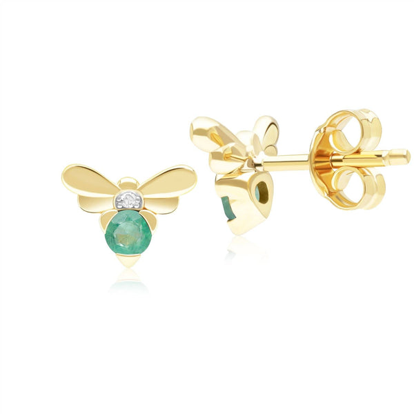 Gemondo Honeycomb Inspired Emerald And Diamond Bee Stud Earrings In 9ct Yellow Gold