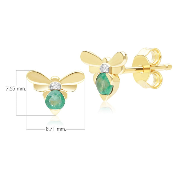 Gemondo Honeycomb Inspired Emerald And Diamond Bee Stud Earrings In 9ct Yellow Gold