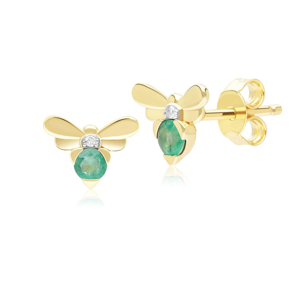 gemondo Honeycomb Inspired Emerald and Diamond Bee Stud Earrings in 9ct Yellow Gold