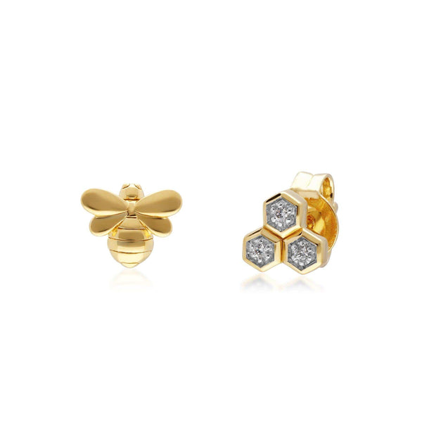 gemondo Honeycomb Inspired Mismatched Diamond Bee Earrings in 9ct Yellow Gold