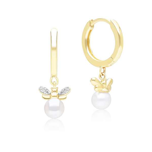 Gemondo Honeycomb Inspired Pearl And Diamond Bee Hoop Earrings In 9ct Yellow Gold