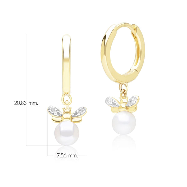 Gemondo Honeycomb Inspired Pearl And Diamond Bee Hoop Earrings In 9ct Yellow Gold