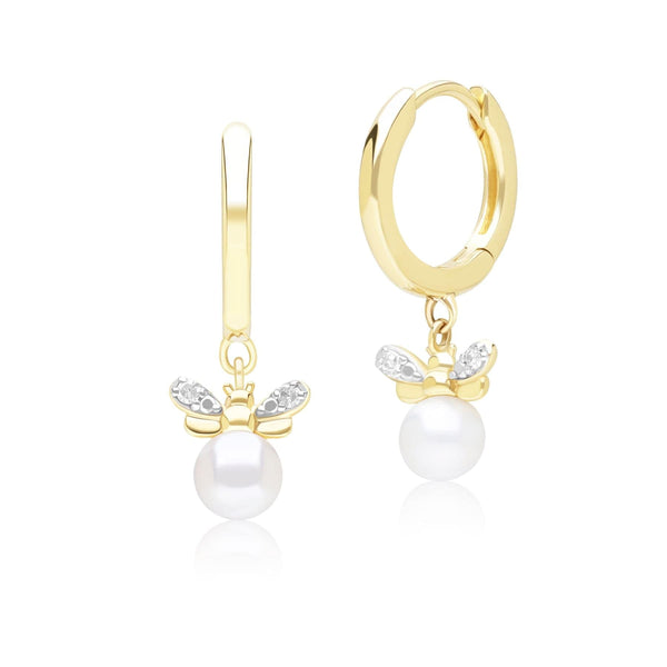 gemondo Honeycomb Inspired Pearl and Diamond Bee Hoop Earrings in 9ct Yellow Gold