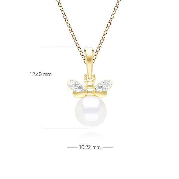 Gemondo Honeycomb Inspired Pearl And Diamond Bee Pendant Necklace In 9ct Yellow Gold
