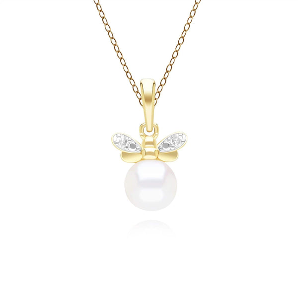 gemondo Honeycomb Inspired Pearl and Diamond Bee Pendant Necklace in 9ct Yellow Gold
