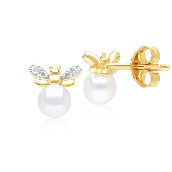 Gemondo Honeycomb Inspired Pearl And Diamond Bee Stud Earrings In 9ct Yellow Gold