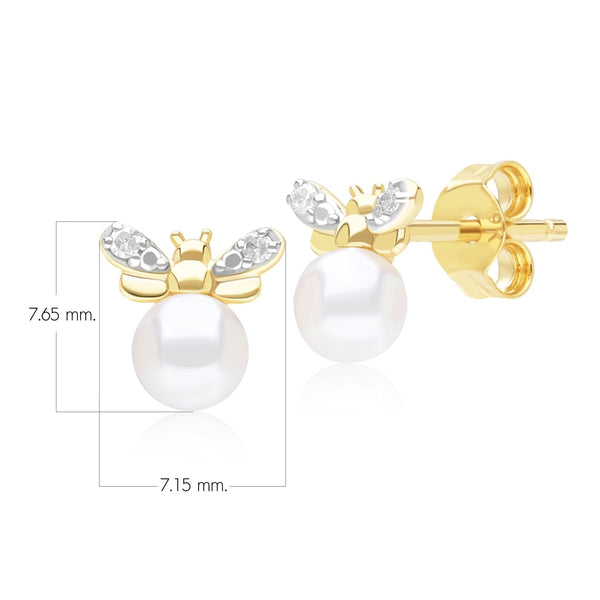 Gemondo Honeycomb Inspired Pearl And Diamond Bee Stud Earrings In 9ct Yellow Gold