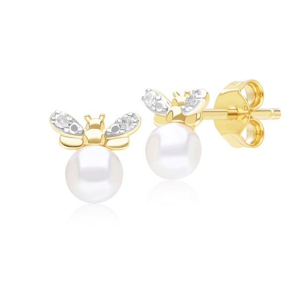 gemondo Honeycomb Inspired Pearl and Diamond Bee Stud Earrings in 9ct Yellow Gold