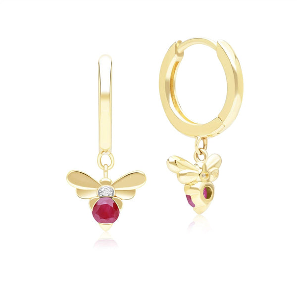 Gemondo Honeycomb Inspired Ruby And Diamond Bee Hoop Earrings In 9ct Yellow Gold